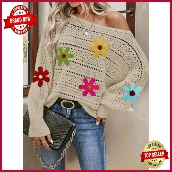 Oversized Off Shoulder Knit Sweater Batwing Sleeve Crochet Pullover - Picture 3 of 8